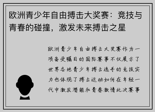 欧洲青少年自由搏击大奖赛：竞技与青春的碰撞，激发未来搏击之星